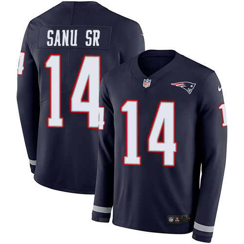Nike Patriots #14 Mohamed Sanu Sr Navy Blue Team Color Youth Stitched NFL Limited Therma Long Sleeve Jersey